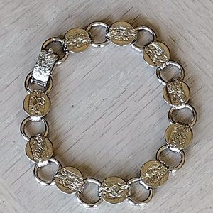Vintage " Sarah Cov "  Floral Etched Silver-Tone Coin Link Bracelet